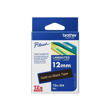 Brother Genuine TZE-334 Labelling Tape for P-Touch label Printers -Gold on Black, 12mm wide.