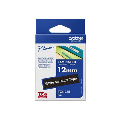 Brother Genuine TZE-335 Labelling Tape for P-Touch label Printers - White on Black, 12mm wide.