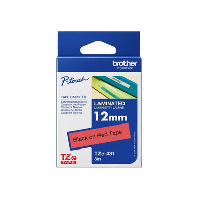 Brother Genuine TZE-431 Labelling Tape for P-Touch label Printers, Black on Red 12mm wide.
