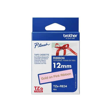 Brother Genuine TZe-RE34 Labelling Tape for P-Touch label Printers -Gold on Pink Ribbon, 12mm wide